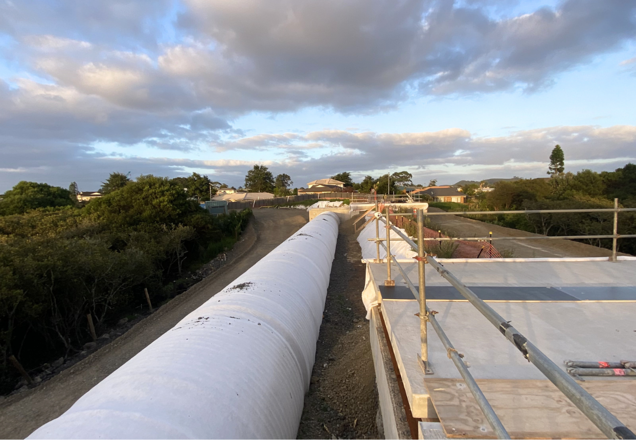Harania Creek - Infrapipe Panoramic view of the completed Harania Creek Making Space for Water project with temporary wastewater diversion pipeline.